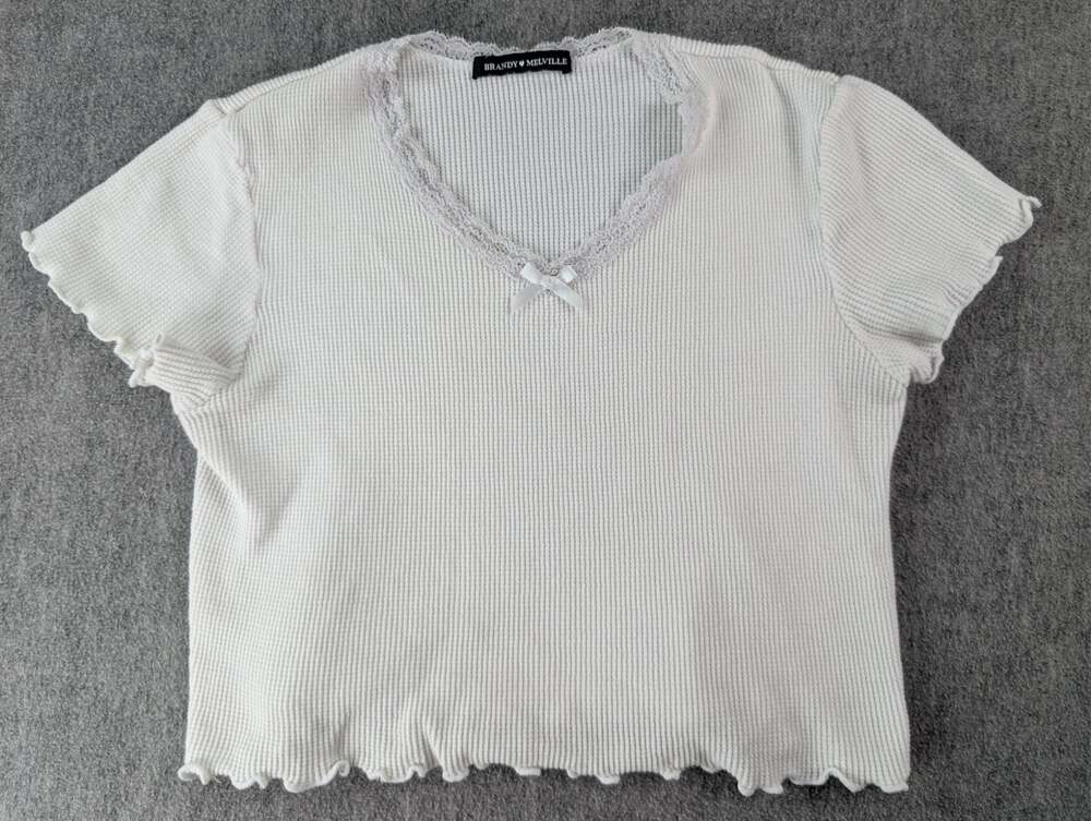 Brandy Melville White Lace Trim Ribbed Baby Tee Coquette Bow Top